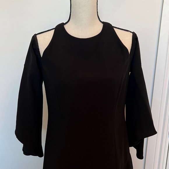 SCRIPTED M Cold Shoulder Bell Sleeve Little Black Dress Asymmetrical - Picture 3 of 16